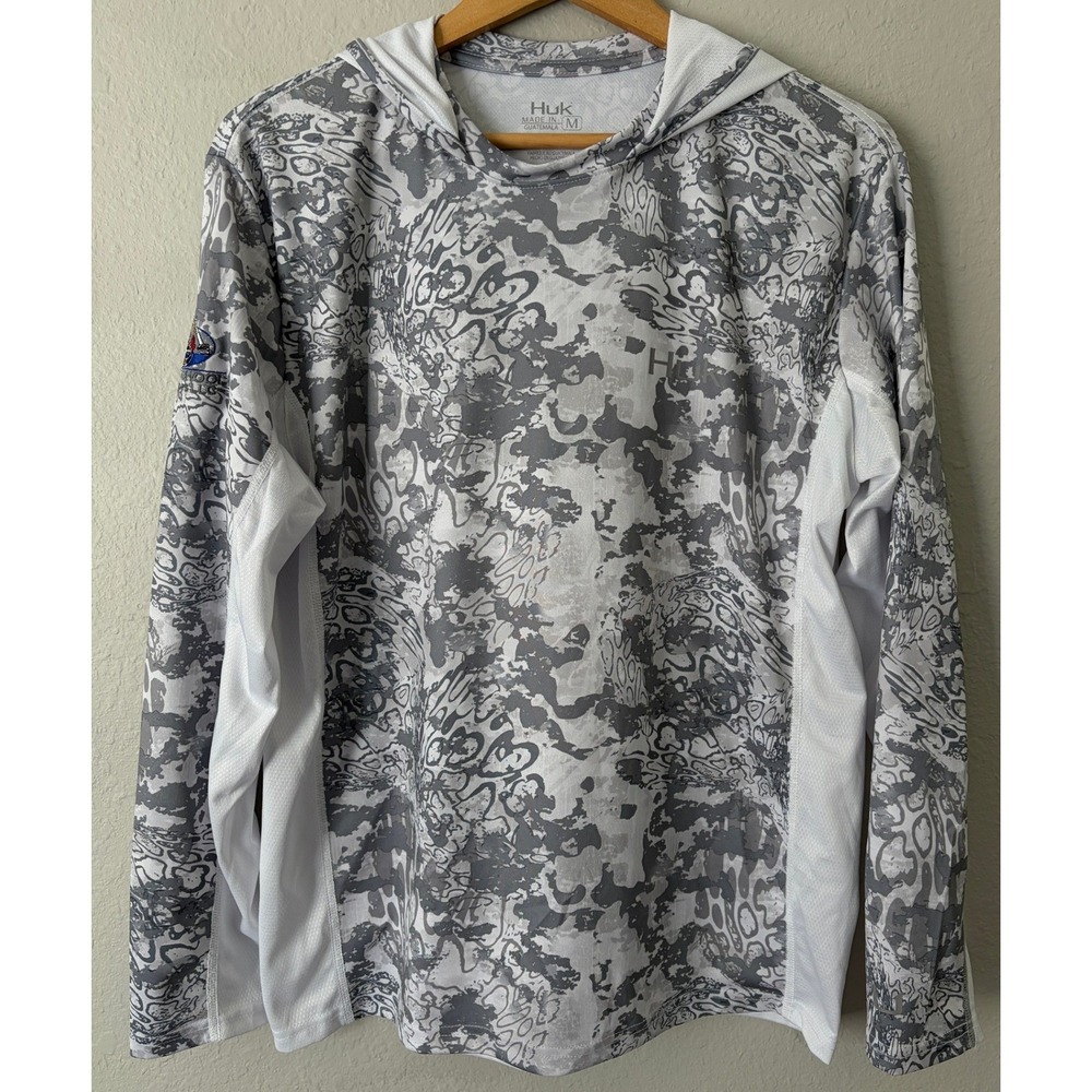 Huk Mens Camo Pursuit Hooded Performance Fishing Shirt M SPF Grey White Gorpcore